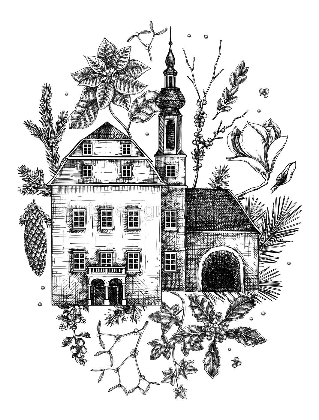 Merry Christmas card template. European architecture sketch. Vintage mansoin house, old castle drawing. Hand-drawn botanical illustration.NOT AI generated Illustration